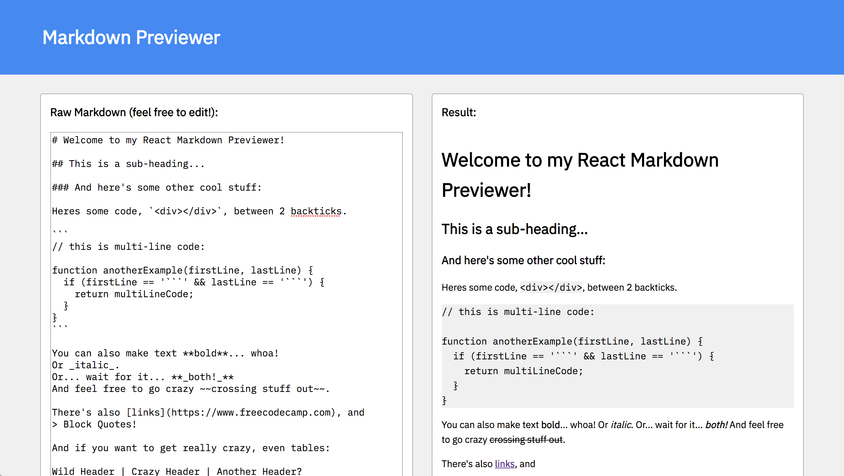 React Markdown Previewer app screenshot